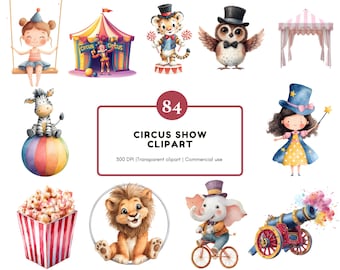 Cute Circus Clipart Vintage Circus Animal PNG Bundle Set Watercolor ...