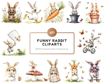 Funny Watercolor Rabbit Clipart Bundle, Quirky Bunny PNG (Digital Download)