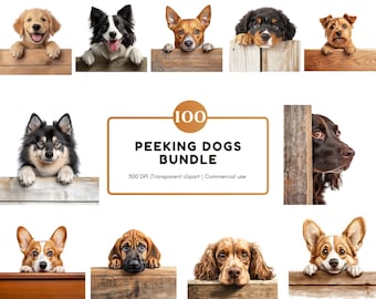 覗き見犬のクリップアート100枚セット、透明PNG（デジタルダウンロード）