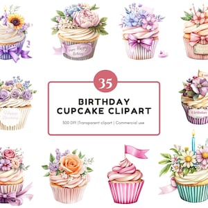 Bundle de cliparts aquarelle anniversaire Cupcake, clipart gâteau d'anniversaire, cliparts cupcakes png, Cupcake png Bundle, clipart fleur Cupcake