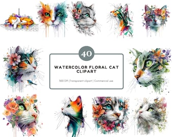 Pacote de Clipart de Gato Floral em Aquarela, Gato Floral Abstrato em PNG, Gato Fantástico em PNG, Clipart de Gato Floral Fofo, Imprimível, Download Digital