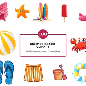 May include: A collection of summer beach clipart illustrations. Includes a pink seashell, orange starfish, surfboards, red popsicle, pink flamingo float, beach ball, blue flip-flops, orange striped shorts, a crab, a bucket and shovel, and a life preserver. Text reads "Summer Beach Clipart".