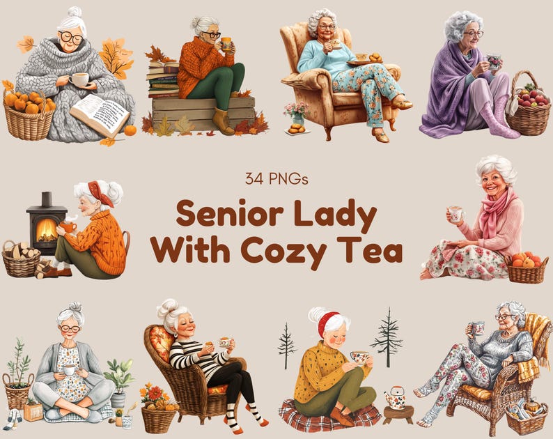 Watercolor Senior Lady Clipart, Cozy Tea Coffee PNG Bundle - Etsy