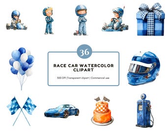 Paquete de imágenes prediseñadas de coches de carreras en acuarela, gráficos para baby shower (descarga digital)