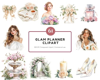 Glam Planner Clipart Bundle, Planner Clipart, Glam Planner png, Watercolor Glam Planner Clipart, Selfcare Clipart, Morning Routine Clipart