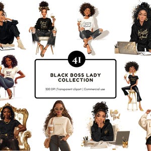 Paquete de imágenes prediseñadas de chica negra (PNG), colección de imágenes prediseñadas de jefa negra, imágenes prediseñadas de mujeres negras en acuarela, paquete de imágenes prediseñadas de jefa negra (PNG)