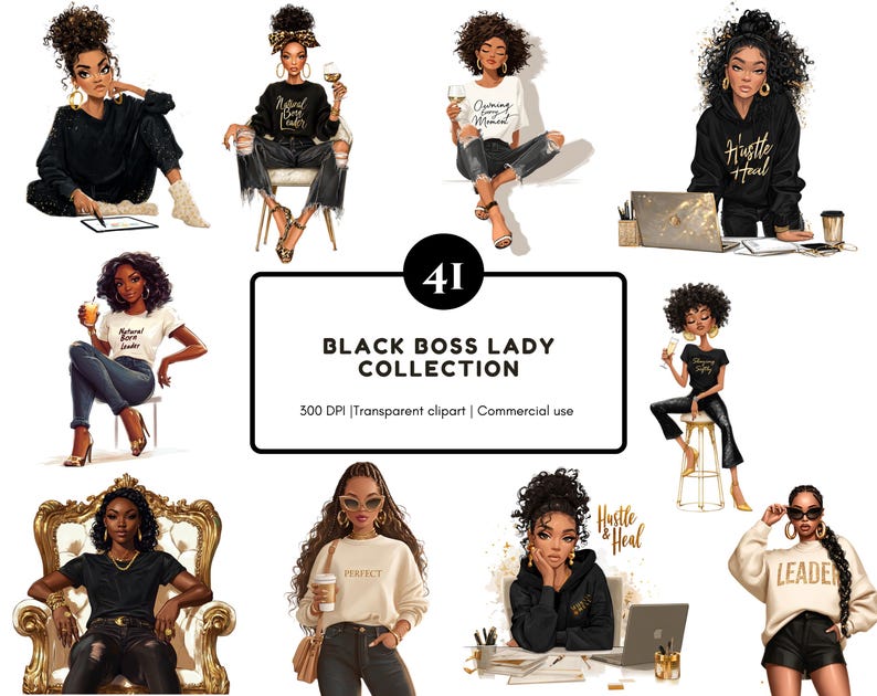 Black Girl Clipart Bundle Png, Black Boss Lady Collection Clipart ...