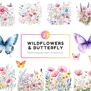 Paquete de imágenes prediseñadas de flores de acuarela (PNG), imágenes prediseñadas de flores silvestres (PNG), imágenes prediseñadas florales, imágenes prediseñadas de mariposas florales, imágenes prediseñadas de mariposas