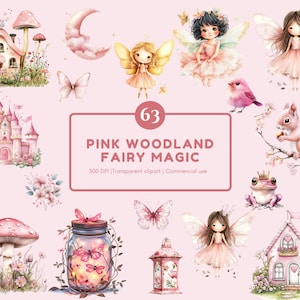Clipart de hadas de acuarela, paquete de imágenes prediseñadas de hadas del bosque rosa, imágenes prediseñadas del bosque de hadas, imágenes prediseñadas de primer cumpleaños, imágenes prediseñadas de primer hada