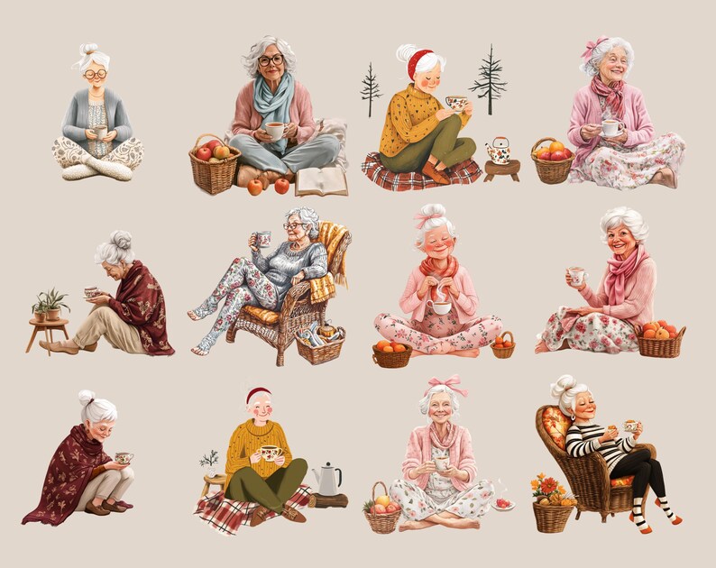 Watercolor Senior Lady Clipart, Cozy Tea Coffee PNG Bundle - Etsy