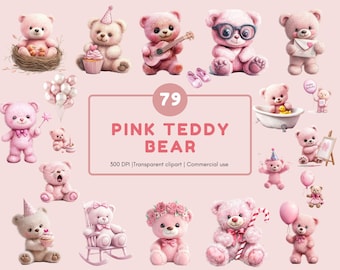 Rosa Teddybär, Clipart-Bundle, Kinderzimmer-Grafik (PNG)