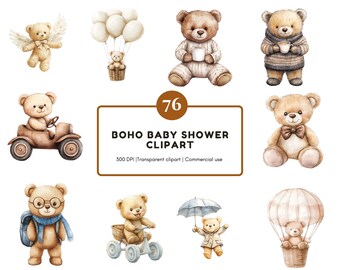 Boho Baby Shower Clipart Bundle, Watercolor Boho Baby Shower Clipart, Teddy Bear Clipart, Teddy Bear Baby Shower Clipart, Bunny Baby Shower