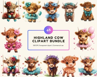 Aquarell Highland Kuh Clipart, süße Highland Kuh Clipart, lustige Kuh png, Baby Highland Kuh, Kuh Clipart, Instant Download