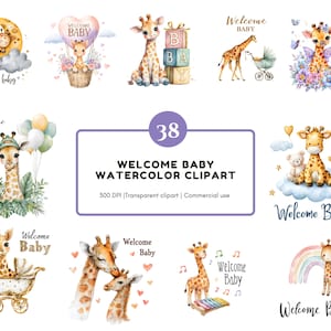 Aquarel welkom baby clipart bundel png, schattige giraf clipart, baby giraf clipart png, babyshower, decor kinderkamer welkom baby clipart