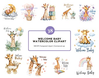 Akwarela Witamy Dziecko Clipart Bundle png, Słodka Żyrafa Clipart, Dziecko Żyrafa Clipart png, Baby Shower, Wystrój Powitania Dziecka Clipart