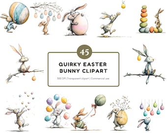 Quirky Easter Bunny Clipart Bundle, Whimsical Rabbit Clipart, Easter Bunny PNG, Funny Easter Bunny With Egg PNG, Instant Download