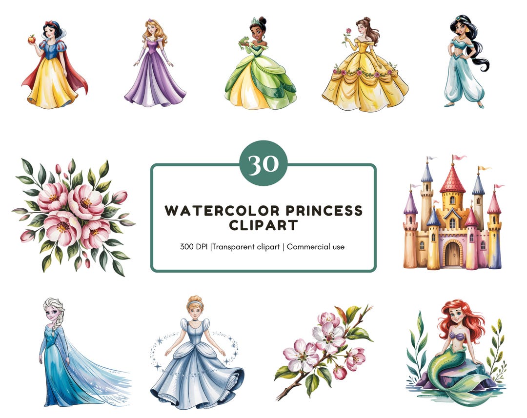 Princess Clipart Png Bundle, Watercolor Princess Png, Cute Princess ...