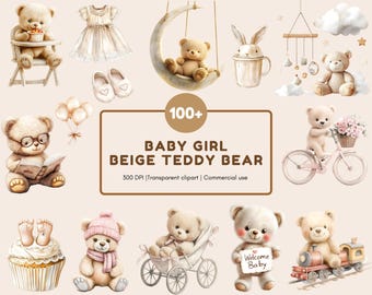 Puede incluir: Un conjunto de clipart digital de más de 100 osos de peluche beige en varias poses y escenarios. Los osos llevan ropa, montan en bicicleta, están en un cochecito y sostienen un libro. El texto "100+ Baby Girl Beige Teddy Bear 300 DPI | Transparent clipart | Commercial use" está en la parte inferior de la imagen.