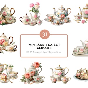 May include: A collection of vintage tea sets with floral designs, including teapots, cups, saucers, and sugar bowls. The sets feature pink and yellow roses, gold accents, and the text "VINTAGE TEA SET CLIPART".