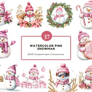 Pink Snowman Collection Clipart, Watercolor Snowman Clipart Bundle png, Festive Snowman CLipart, Cute Snowman Clipart png, Snowman png
