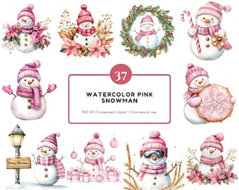 Pink Snowman Collection Clipart, Watercolor Snowman Clipart Bundle png, Festive Snowman CLipart, Cute Snowman Clipart png, Snowman png