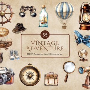 Pacote de clipart de viagem vintage em aquarela, clipart de equipamento de aventura png, conjunto de clipart de viagem png, pacote de clipart de aventura
