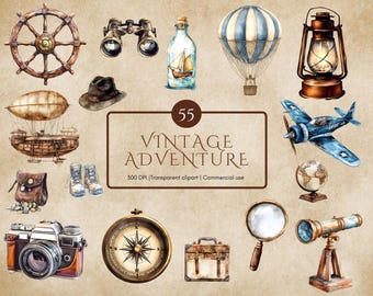 Aquarel vintage reizen clipartbundel, avontuur uitrusting clipart png, reis clipart set png, avontuur clipart bundel