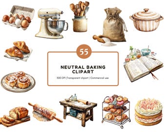 Paquete de 55 imágenes prediseñadas de repostería neutra, imágenes prediseñadas de repostería de acuarela, imágenes prediseñadas de repostería vintage, imágenes prediseñadas de herramientas de repostería, imágenes prediseñadas de postres, uso comercial