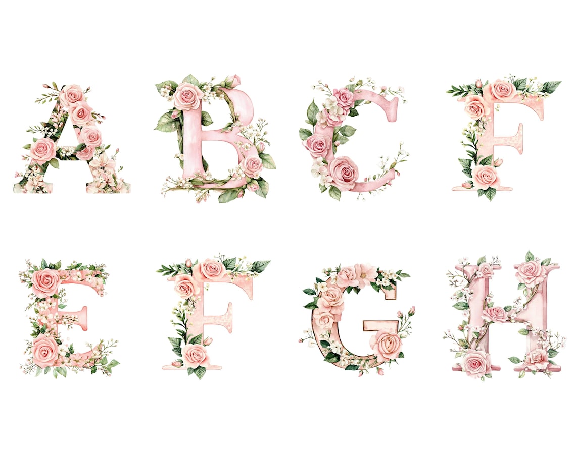 Watercolor Floral Alphabet Clipart. Pink Floral Alphabet Clipart ...