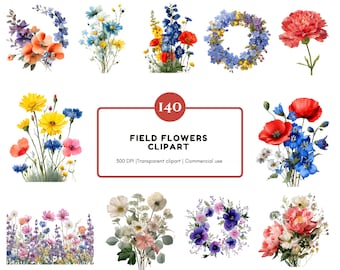 140 Field Flowers Clipart Bundle, Watercolor Wildflower Clipart Set, Floral Wreath png, Colorful Flower Bouquet Clipart, Floral Frame png