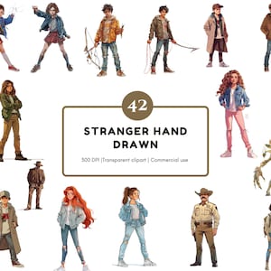 Puede incluir: Una ilustración digital con 12 personajes en varias poses y atuendos. Los personajes visten ropa informal, incluyendo chaquetas, vaqueros y faldas. La imagen incluye el texto "42 STRANGER HAND DRAWN".