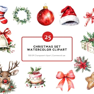 Paquete de imágenes prediseñadas navideñas en acuarela (PNG), imágenes prediseñadas de elementos navideños, imágenes prediseñadas de Navidad, imágenes prediseñadas de Xmax, imágenes prediseñadas de muñeco de nieve, imágenes prediseñadas de Papá Noel navideño