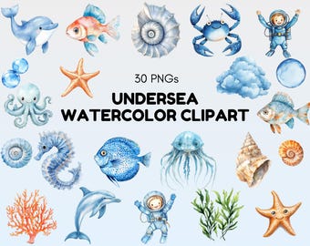 Watercolor Undersea Clipart, Ocean Animals PNG, Nursery Decor (Digital Download)