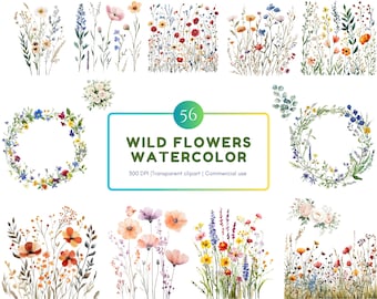 May include: A set of 56 watercolor illustrations of wild flowers. The illustrations are in a variety of colors, including pink, blue, yellow, and red. The flowers are arranged in bouquets, wreaths, and individual stems. The illustrations are perfect for adding a touch of nature to your designs.