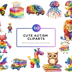 Lindo paquete de imágenes prediseñadas de concienciación sobre el autismo, imágenes prediseñadas de acuarela de concienciación sobre el autismo, imágenes prediseñadas de animales con autismo, imágenes prediseñadas de cinta con autismo