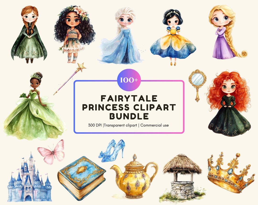Watercolor Princess Clipart Bundle, Fairytale Nursery Art (digital ...