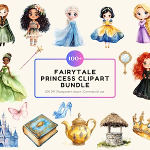 Bundle de cliparts png de conte de fées, clipart princesse aquarelle, clipart princesse de conte de fées png, clipart princesse fantastique, décoration de chambre d'enfant