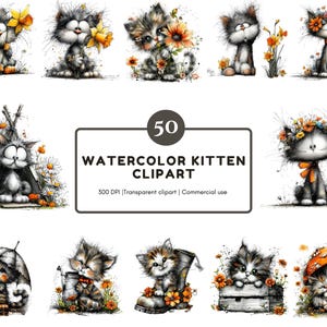 50 Spring Kitten Clipart Bundle, Spring Quirky Cat PNG, Floral Spring Cute Cat Clipart, Watercolor Kitten PNG, Instant Download