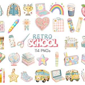 Imágenes prediseñadas de escuela retro, paquete de imágenes prediseñadas de escuela genial, imágenes prediseñadas de regreso a la escuela, imágenes prediseñadas de útiles escolares, imágenes prediseñadas de regreso a la escuela geniales png