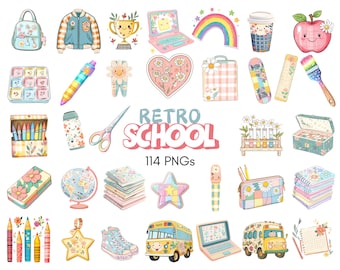 Retro School Clipart Bundle, Groovy Back To School Clip Art (PNG)