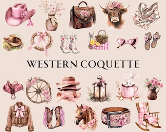 Western Coquette Clipart Bundle, Pink Cowboy Graphics (Digital Download)