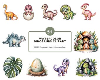 54 Cute Dinosaurs Clipart, Baby Dino Clipart Bundle, Watercolor Dinosaurs png, Baby Shower, Nursery Decor, Baby Dino Birthday Designs