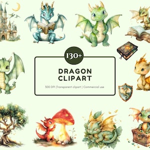 Watercolor Dragon Clipart png Bundle, Dragon Kingdom Clipart png, Fairy Tale Clipart, Fairy Dragon Clipart, Cute Dragon Clipart png
