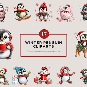 Watercolor Penguin Clipart png, Winter Penguin Clipart png, Penguin png Bundle, Christmas Penguin Clipart, Watercolor Christmas Penguin png