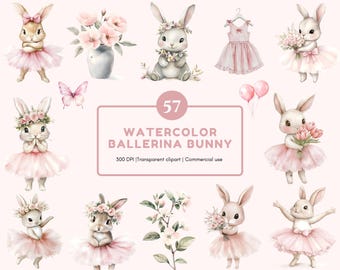 Ballerina Clipart Bundle, Watercolor Ballerina Bunny Clipart, Ballerina Bunny png, Pink Ballerina Bunny Clipart, Ballerina Bunny Baby Shower
