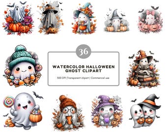 Pacote de clipart de fantasma de Halloween, clipart de fantasma em aquarela, clipart de fantasma fofo, clipart de fantasma de abóbora, clipart de fantasma de outono, fantasma de outono png