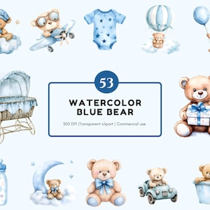 Bundle de cliparts bleu ours en peluche, clipart aquarelle ours en peluche, ours en peluche png, ours en peluche mignon, shower de bébé Clipart ours en peluche