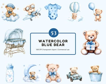 Blauwe teddybeer clipartbundel, aquarel teddybeer clipart, teddybeer png, schattige teddybeer, teddybeer clipart babyshower