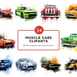 Paquete de imágenes prediseñadas de coches clásicos americanos en acuarela, PNG de automóviles clásicos (descarga digital)