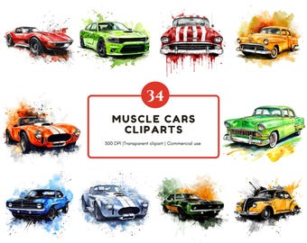 Paquete de imágenes prediseñadas de coches clásicos americanos en acuarela, PNG de automóviles clásicos (descarga digital)
